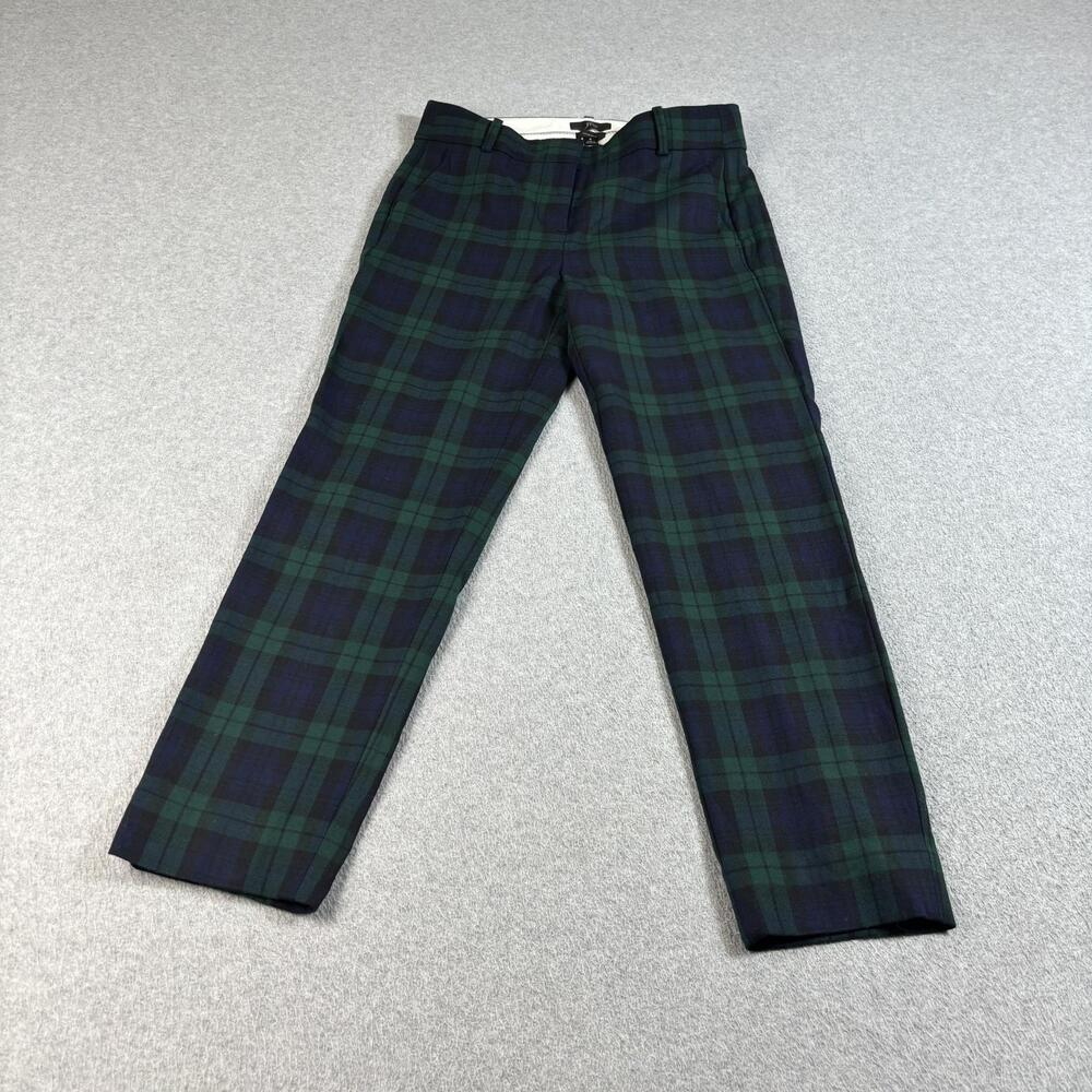 J Crew Cameron Pants Women 2 Green Plaid Wool Cropped Ankle Heritage Academia